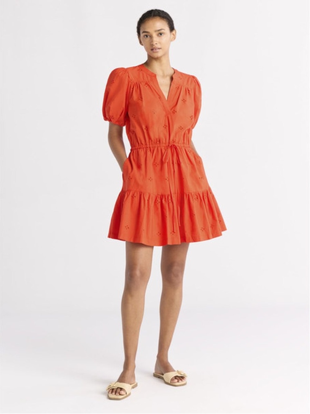 Free Assembly Women's Cotton Eyelet Tiered Mini Dress with Puff Sleeves
